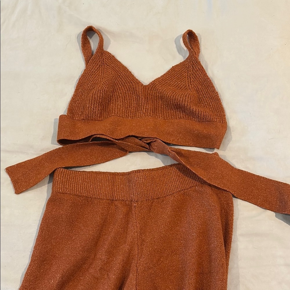 Terracotta Knit Bralette, Sweater, and Pants Set